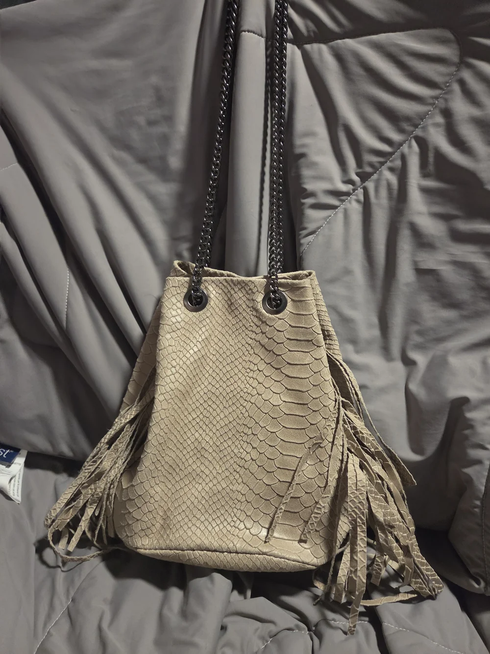 NWOT Italian Leather Fringed Snake-Embossed Bucket Bag - Taupe